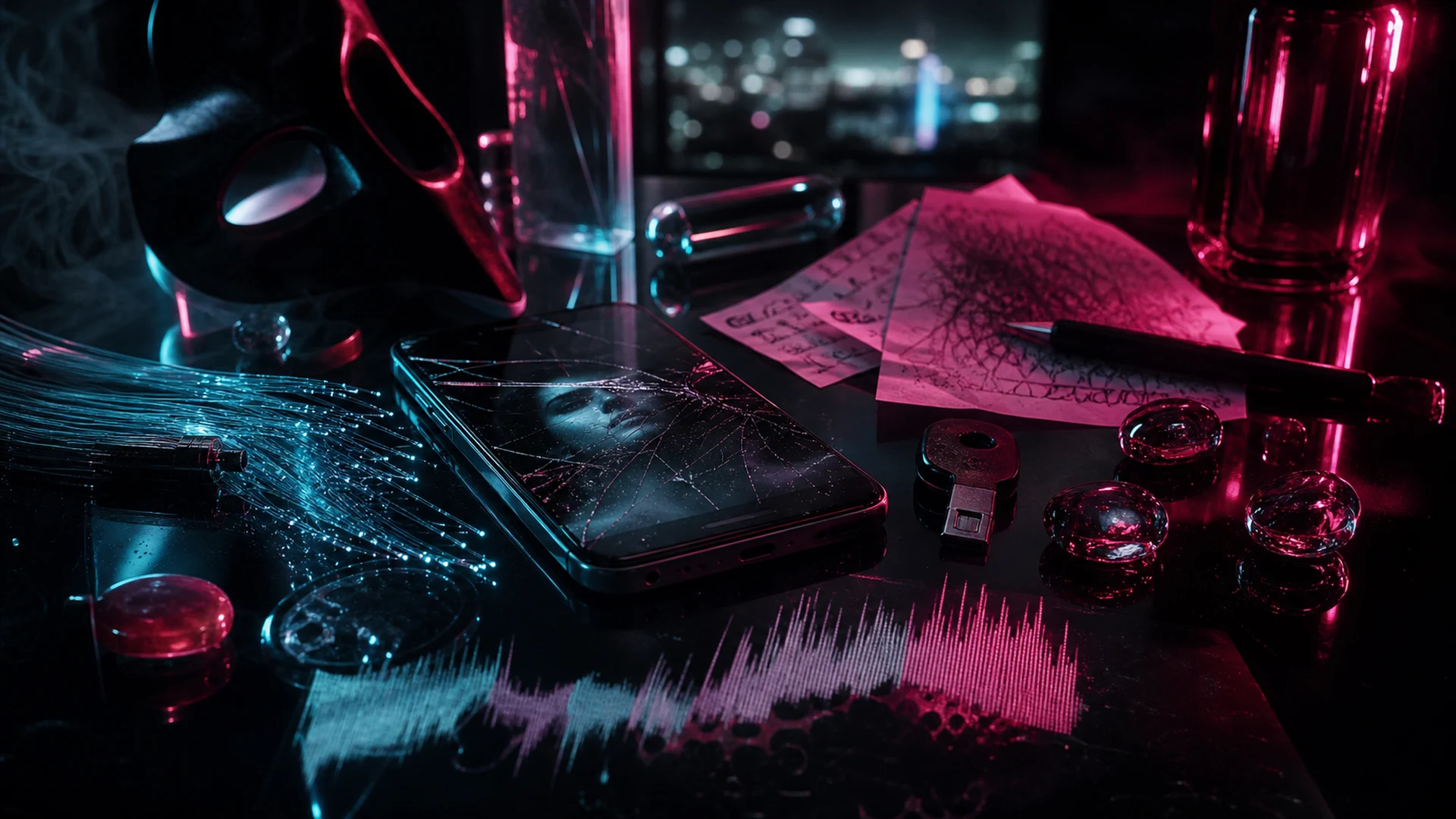 Cinematic noir still life with cracked glass, privacy hardware, fiber optics, and magenta cyan reflections